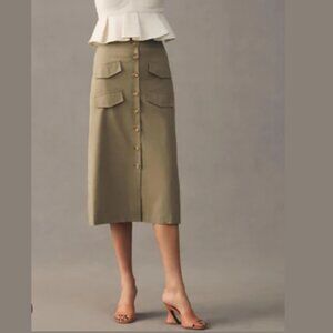Mare Mare X Anthropologie  Button down Utility Linen Blend Midi‎ A-Line Skirt XS